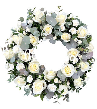 Coroana funerara rotunda cu trandafiri albi