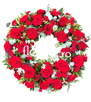 Coroana funerara rotunda cu trandafiri rosii