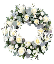 Coroana funerara rotunda cu trandafiri albi