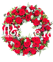 Coroana funerara rotunda cu trandafiri rosii
